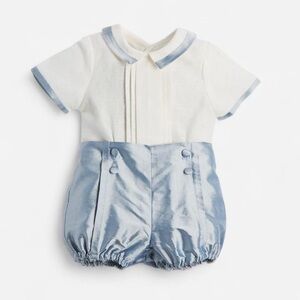 Baby Blue and White Silk Romper Set